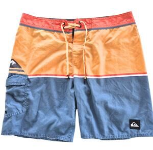 Quiksilver Mens Board Shorts Swim Trunks Sz 34 Colorful Orange Blue Logo Pocket